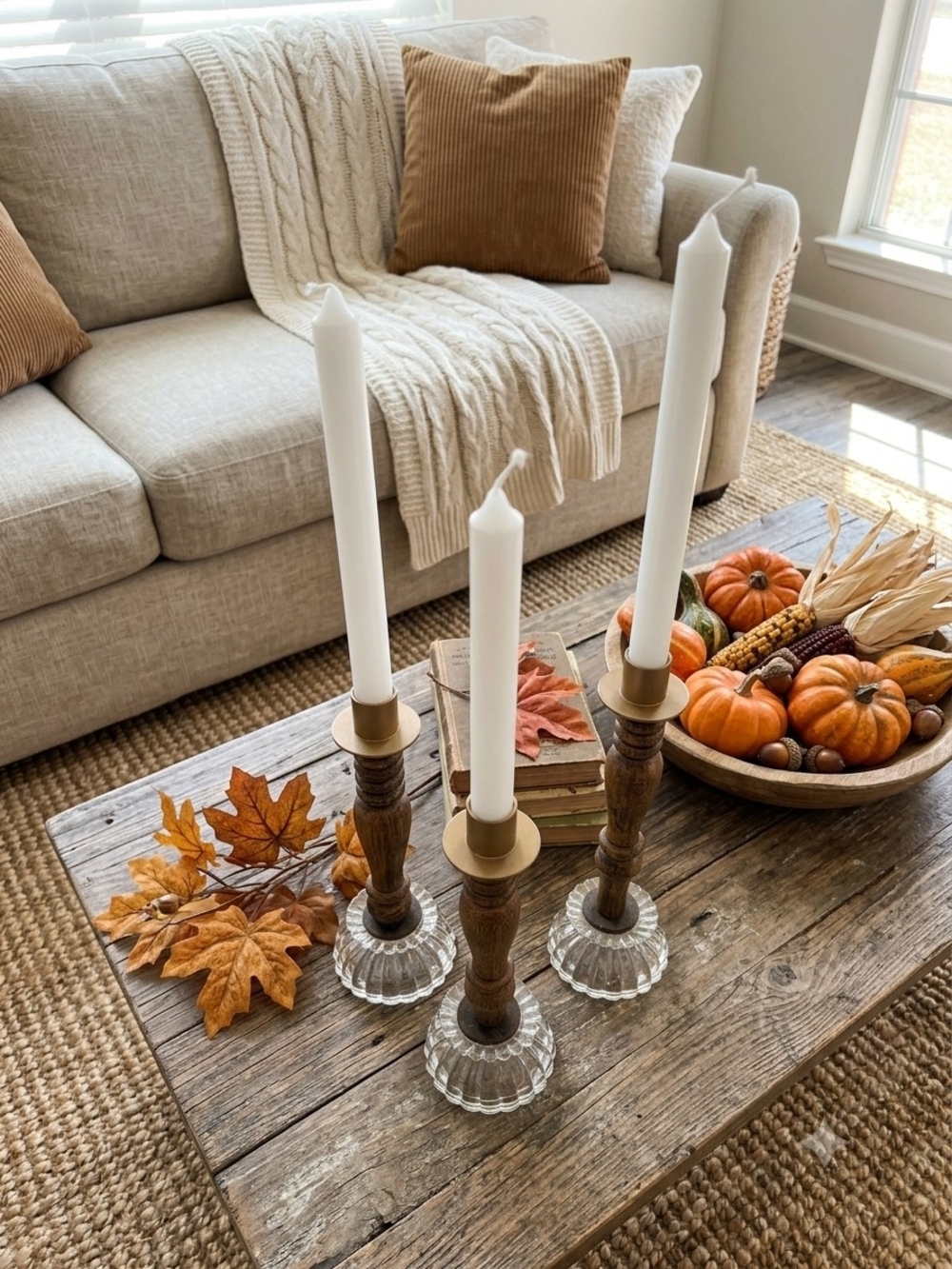Set of 3 Turned Wood Candlesticks Clear Fluted Glass Bases Gold Metal Cups